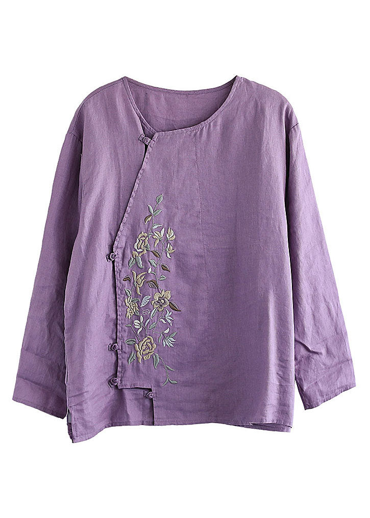 Purple Button O-neck Linen Tops Long Sleeve
