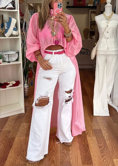 New Pink Puff Sleeve Asymmetrical Low High Design Cotton Shirts Dresses