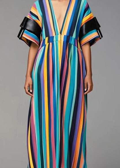 Rainbow Deep-v Neck Striped Cotton Dresses Summer