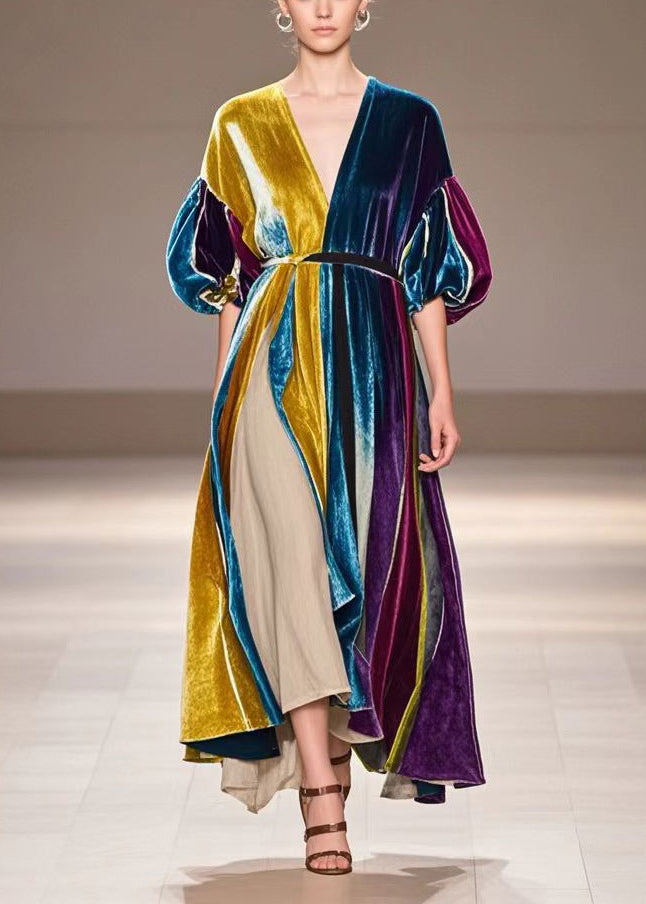 V Neck Patchwork Silk Velvet Vacation Dress Short Sleeve