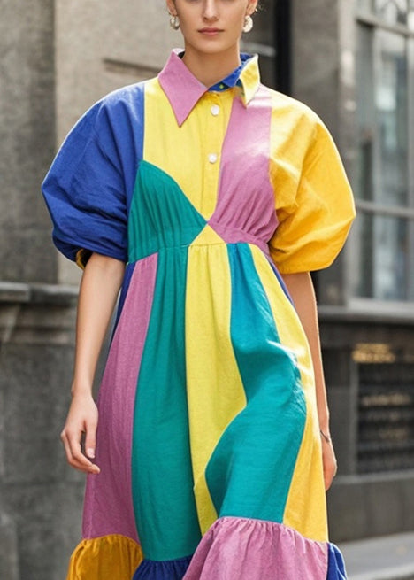 Colorblock Puff Sleeve Patchwork Cotton Party Dress Summer