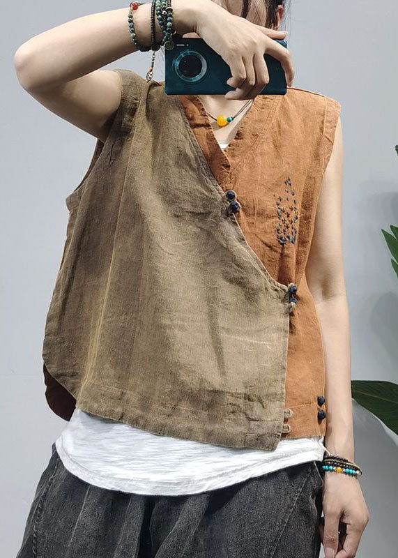 Khaki Chinese Button Patchwork Linen Vest Top Sleeveless