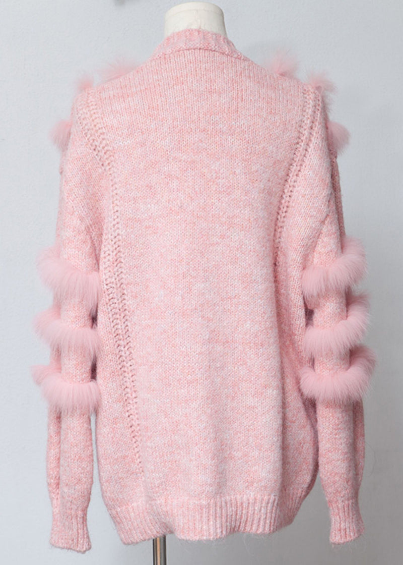 Pink V Neck Fox Fur Patchwork Woolen Cardigans Winter