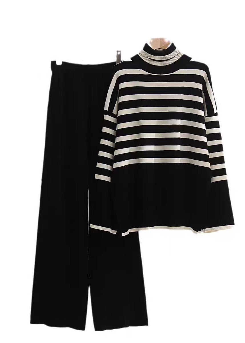 French Khaki High Neck Striped Knit Two Pieces Set Spring