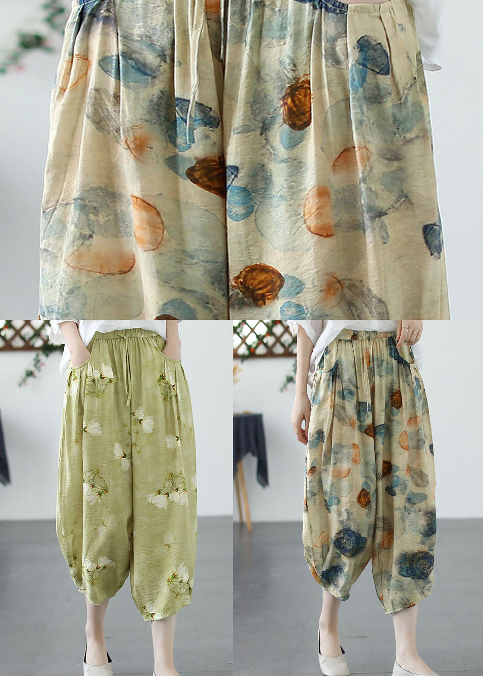 Green Print Pockets Patchwork Linen Harem Pants Summer