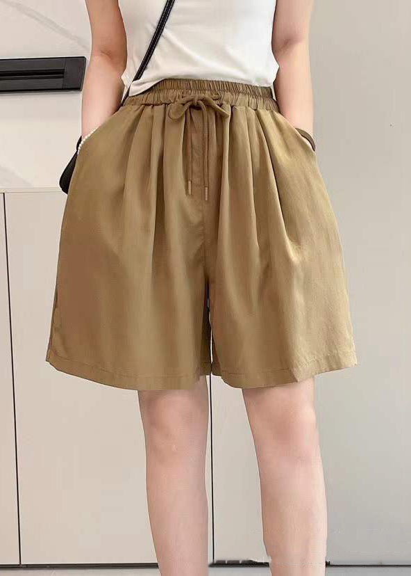 Simple Yellow Pockets Elastic Waist Cotton Shorts Summer