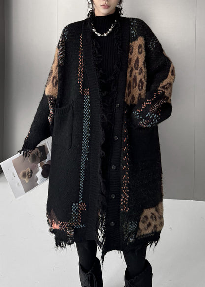 Black Print Patchwork Cotton Knit Cardigan Fall