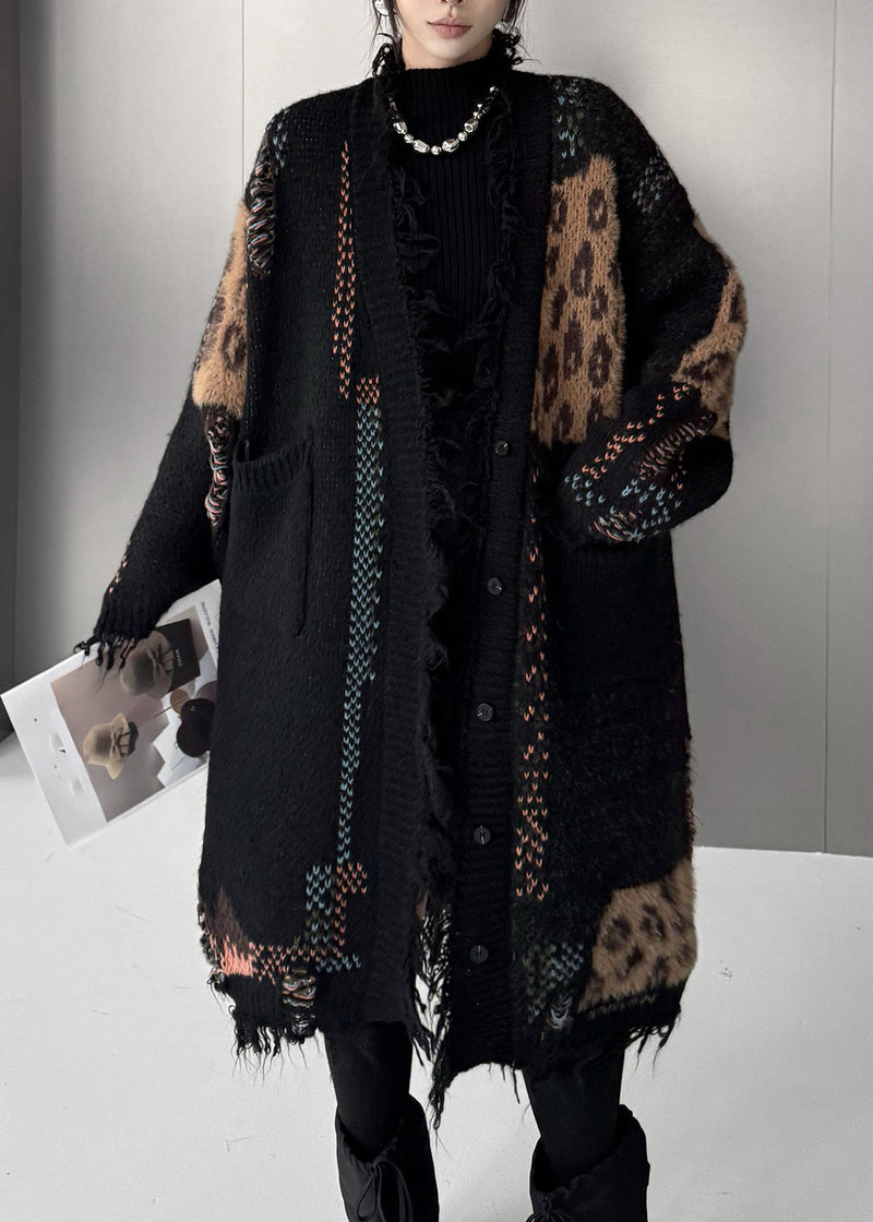 Black Print Patchwork Cotton Knit Cardigan Fall