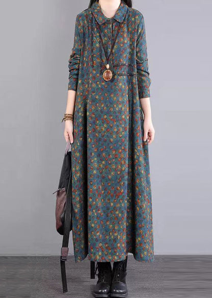 Red Peter Pan Collar Print Patchwork Cotton Long Dress Fall