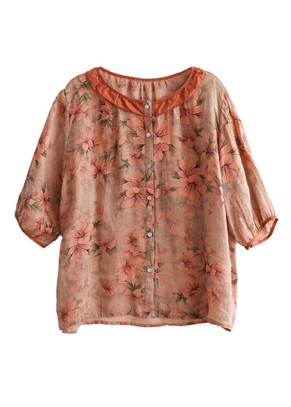 Orange Ruffled Print Patchwork Linen Shirt Top Summer