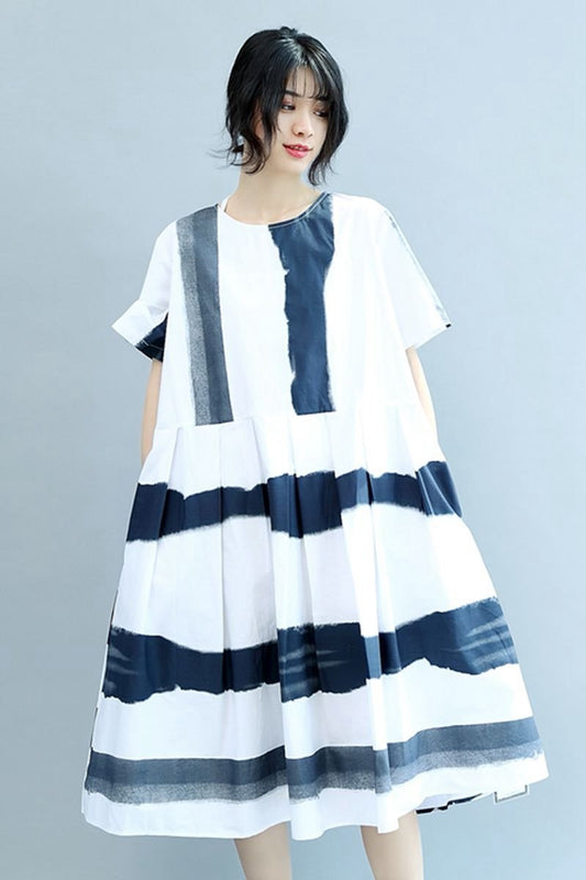 Round Neck Blue White Wide Stripe Summer Chiffon Loose Fitting Dresses