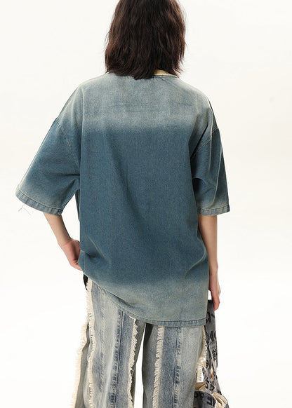 Blue Embroideried Patchwork Denim Tank Tops Half Sleeve