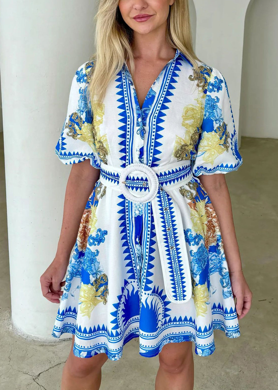 Organic Blue Peter Pan Collar Print Chiffon Vacation Dresses Summer