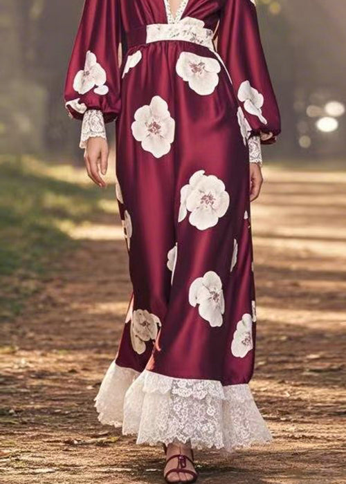 Wine Red V Neck Print Patchwork Silk Long Dress Spring