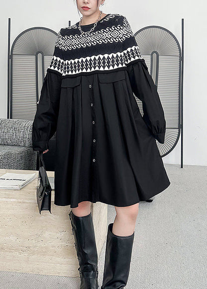 Black O Neck Knit Patchwork Cotton Dresses Fall