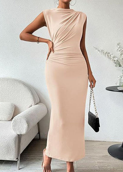 Khaki O Neck Wrinkled Cotton Long Dresses Sleeveless