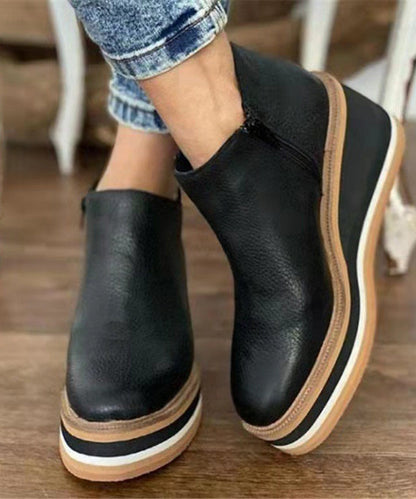 Black Zippered Splicing Wedge Ankle Boots