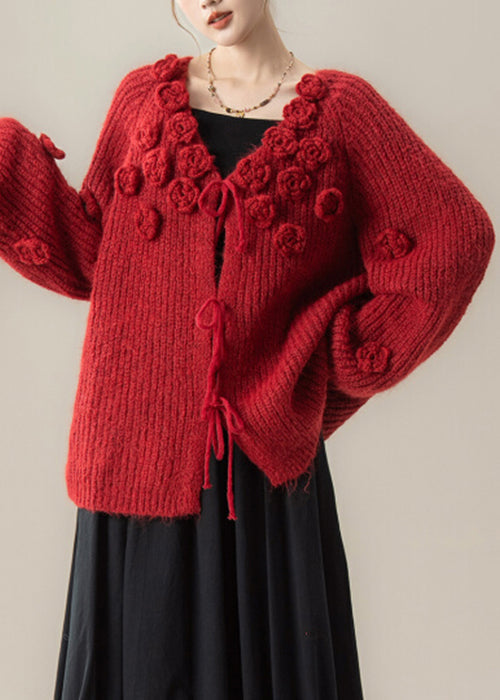 Red Lace Up Knit Loose Cardigan V Neck Spring