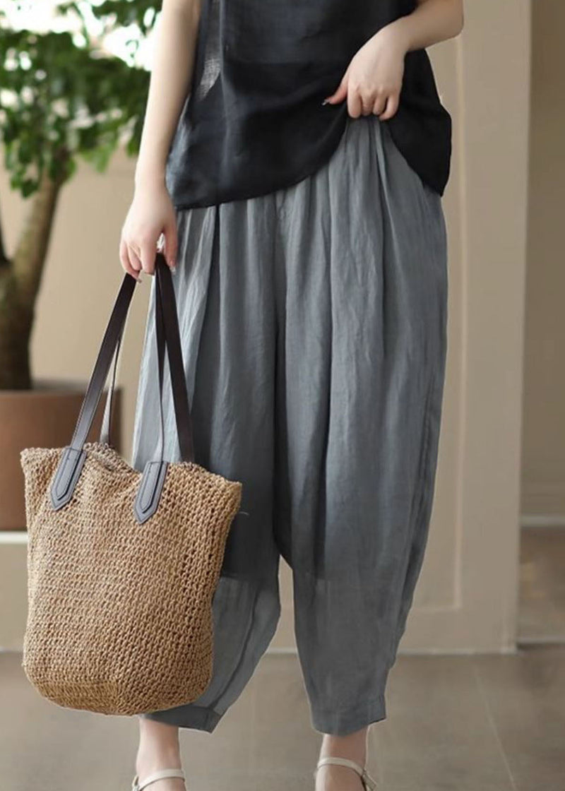 Grey Elastic Waist Pockets Patchwork Linen Lantern Pants Summer