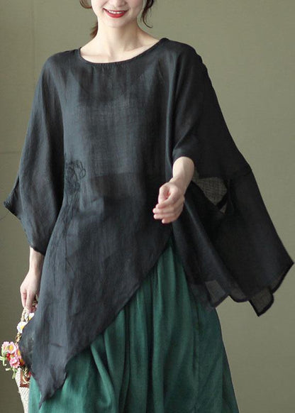 Art Black Phoenix Asymmetrical Design Embroidered Summer Ramie Shirt Tops