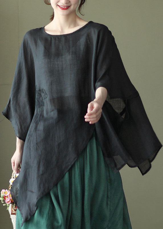 Art Black Asymmetrical Design Embroidered Summer Ramie Shirt Tops
