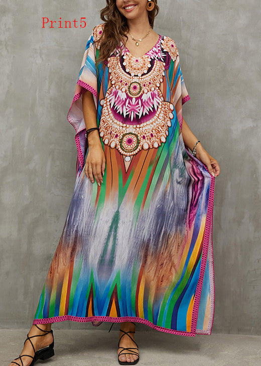 Loose V Neck Print Side Open Cotton Long Dress Summer