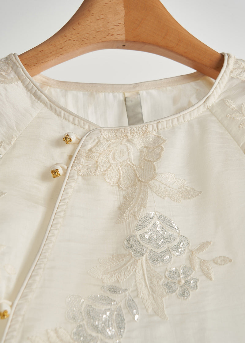 Loose White Embroidered Sequins Silk Shirt Top Bracelet Sleeve