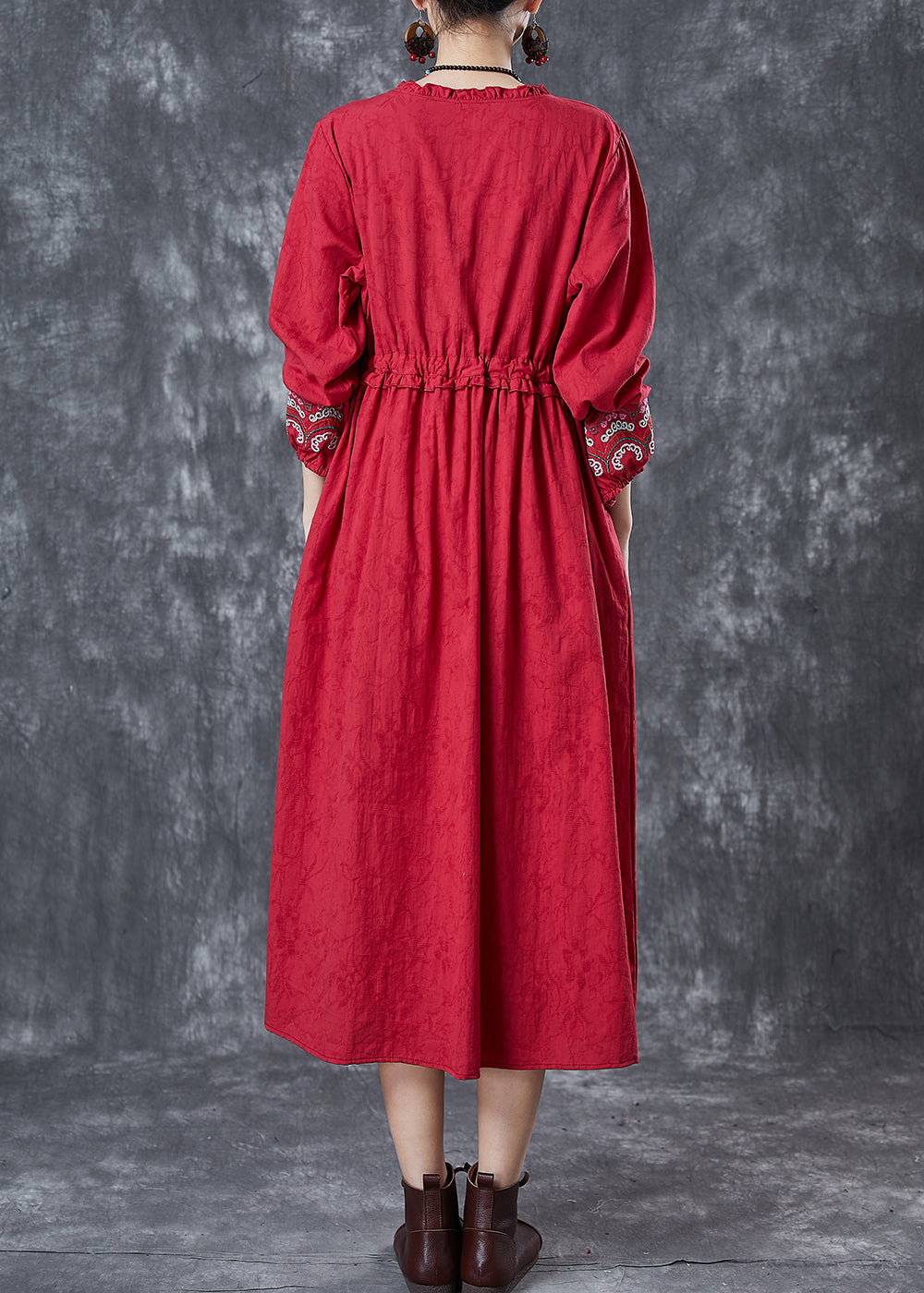 Red Embroidered Jacquard Cotton Cinched Dresses Fall