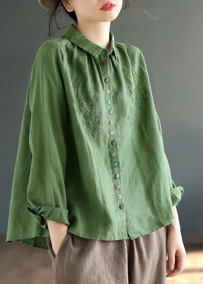 Green Linen Loose Shirts Embroidered Button Fall