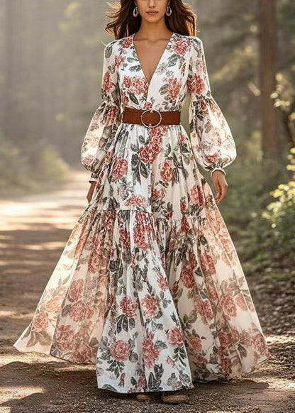 Style Print Exra Large Hem Cotton Party Dress Lantern Sleeve