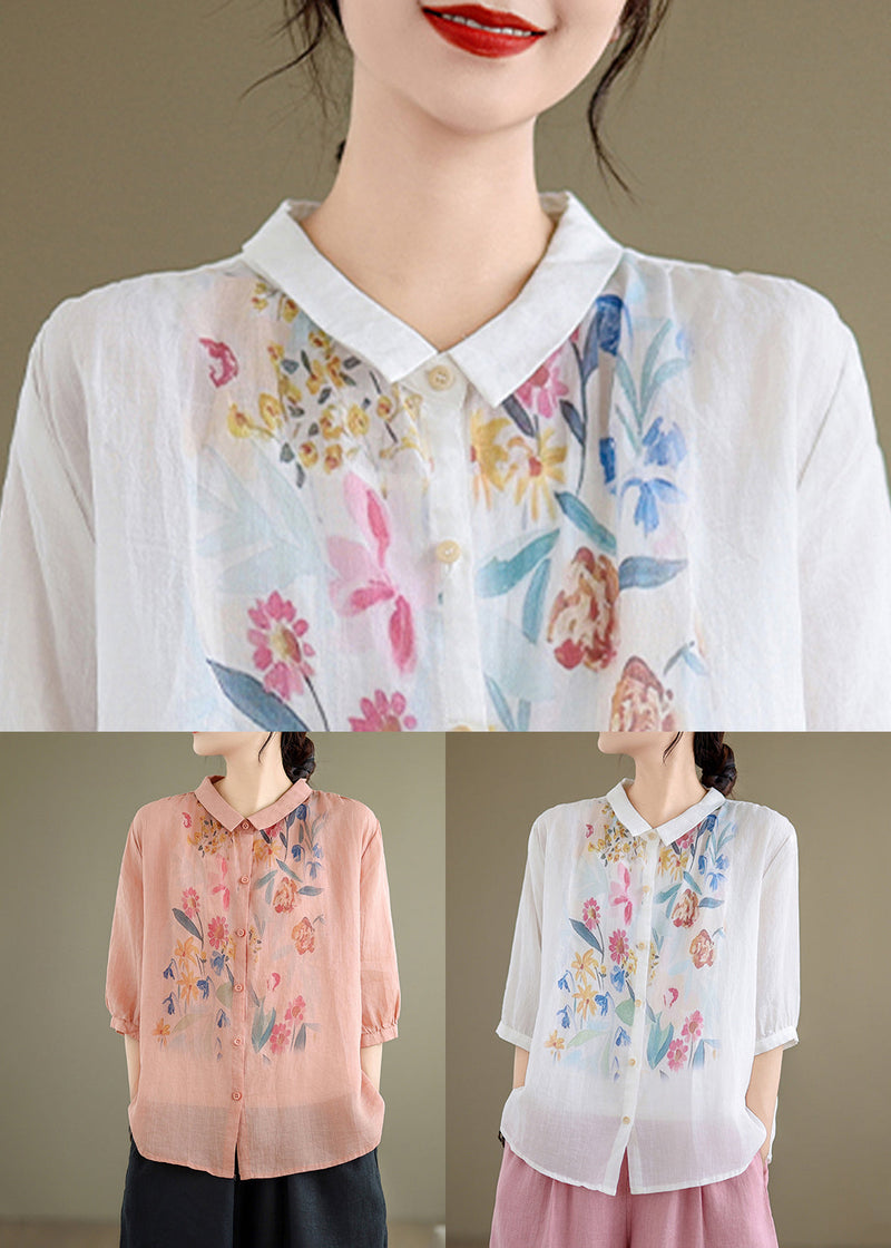 Loose Pink Print Button Linen Blouses Half Sleeve