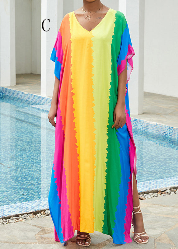 V Neck Print Side Open Cotton Long Dress Summer