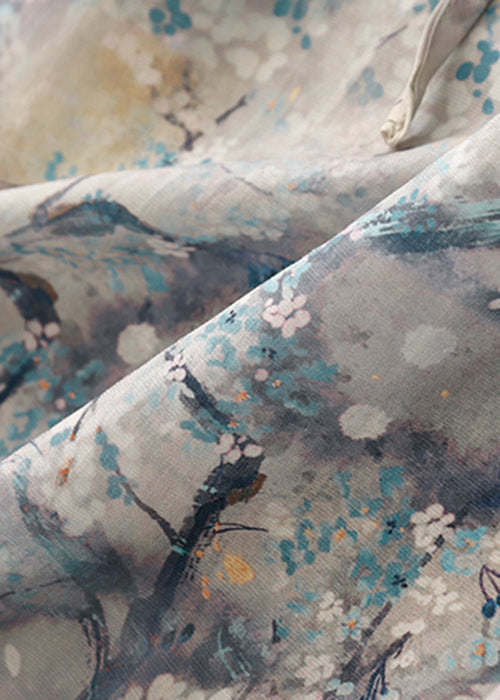 Blue V Neck Print Tie Waist Cotton Dresses Summer
