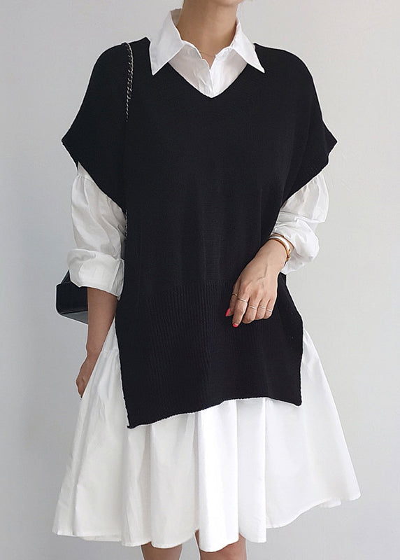 Stylish Side Open Knit Vests and Shirt Dresses Two Pieces Set Spring