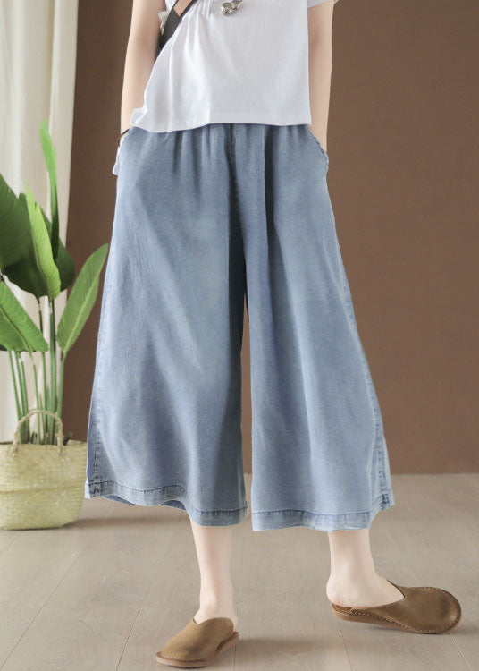 Light Blue High Waist Draping Cotton Denim Wide Leg Pants Summer