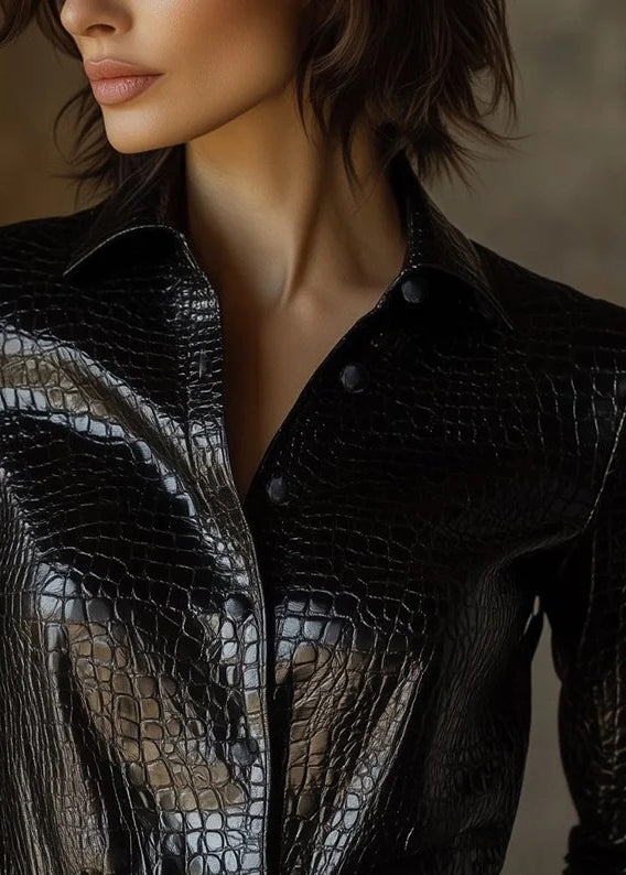 Stylish Black Peter Pan Collar Button Faux Leather Shirts Spring