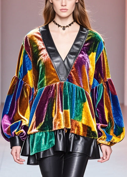 Diy Gradient Color V Neck Patchwork Exra Large Hem Silk Velour Shirt Top Fall