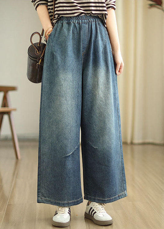 Blue Pockets Elastic Waist Denim Wide Leg Pants Spring