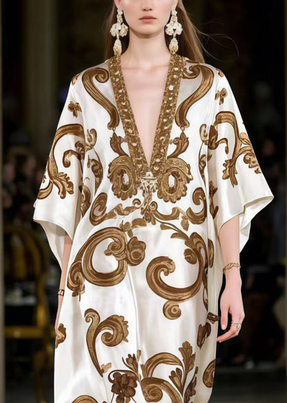 Coffee Oversized Print Silk Maxi Dresses Summer