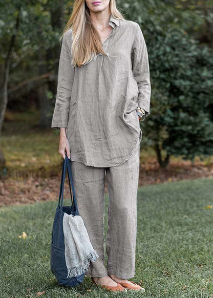 Grey Tops and Pants Cotton Two Pieces Set Long Sleeve