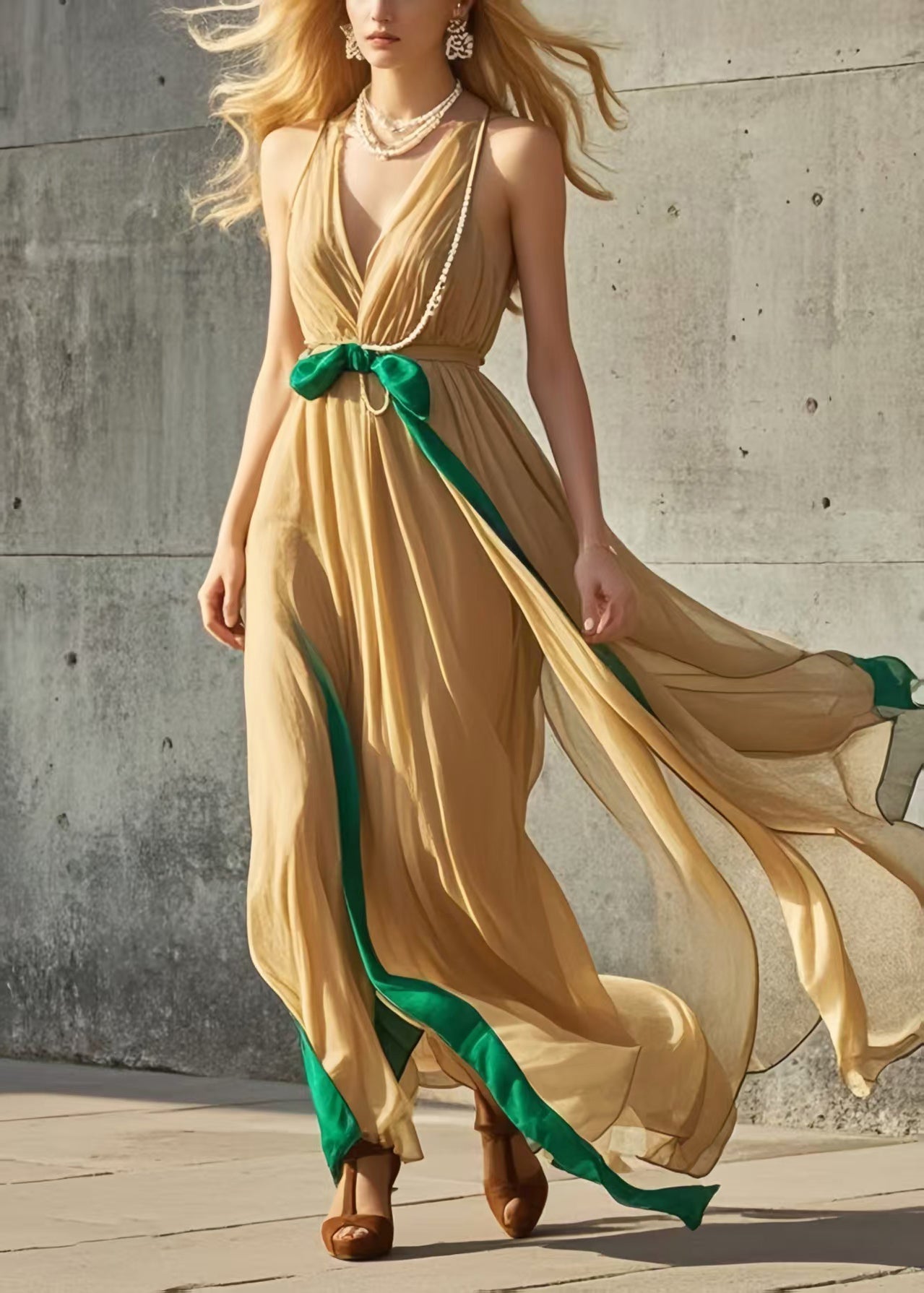 Modern Yellow Exra Large Hem Patchwork Chiffon Halter Dress Summer