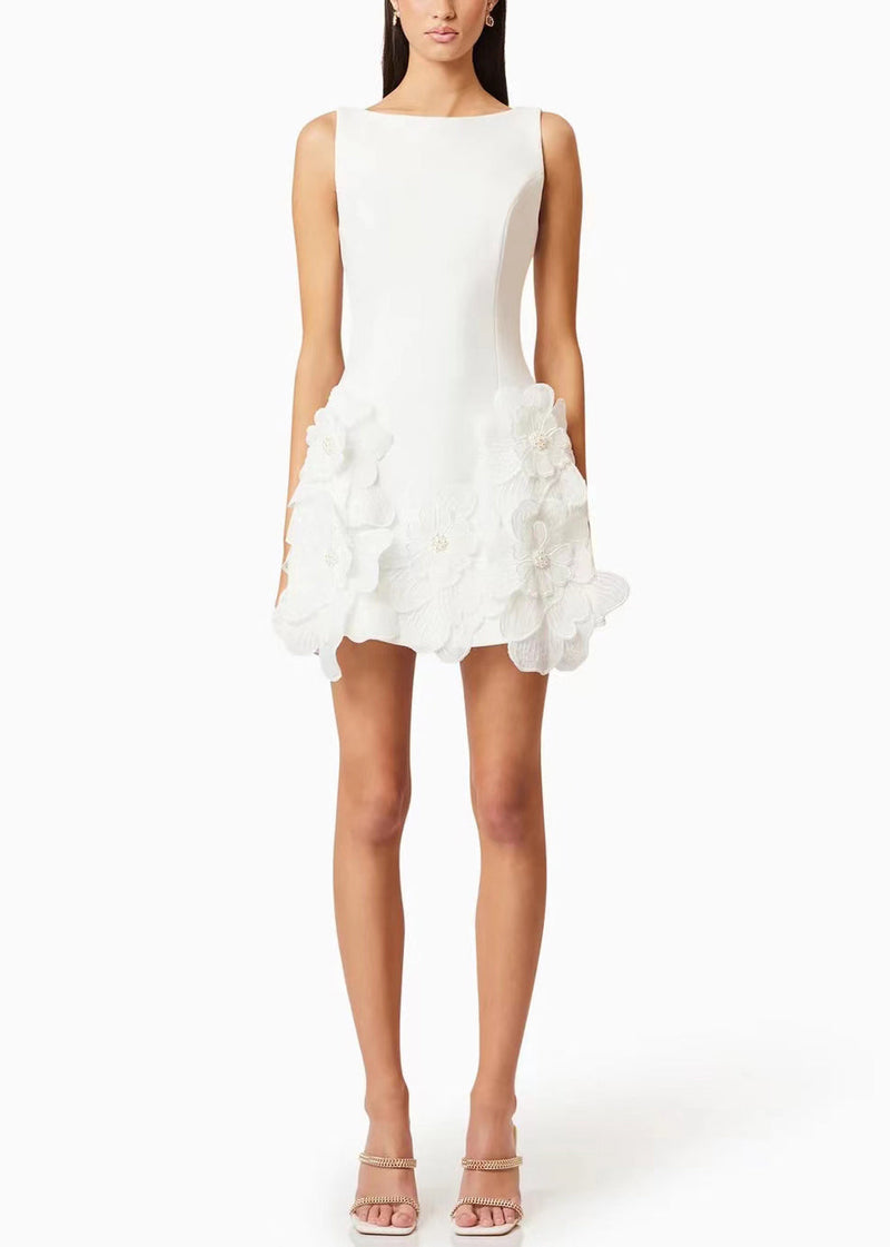 White High Waist Cotton Mini Dress Zippered Sleeveless