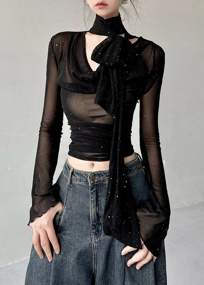 Slim Fit Black V Neck Tulle T Shirts Fall