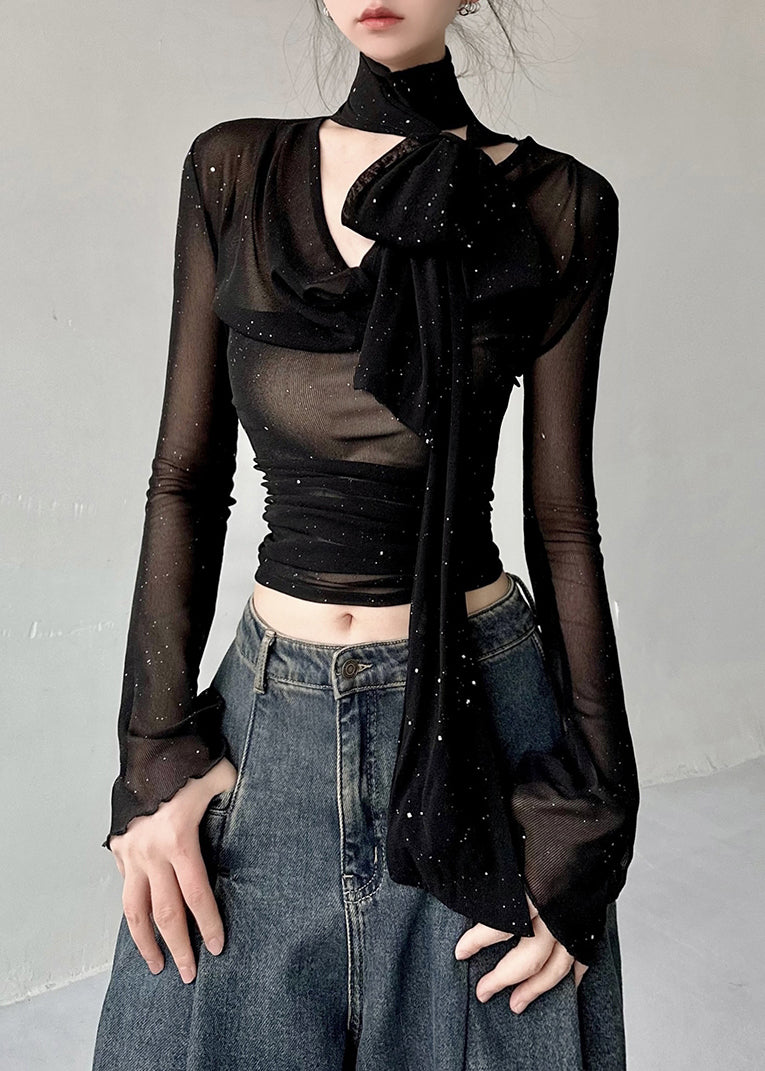 Slim Fit Black V Neck Tulle T Shirts Fall