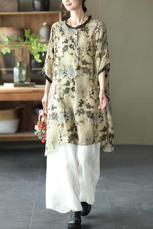 Ramie Print O-neck Loose Shirt