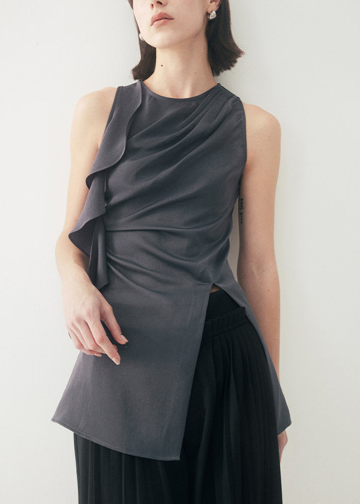 Original Grey O-neck Ruffled Patchwork Side Open Top Sleeveless