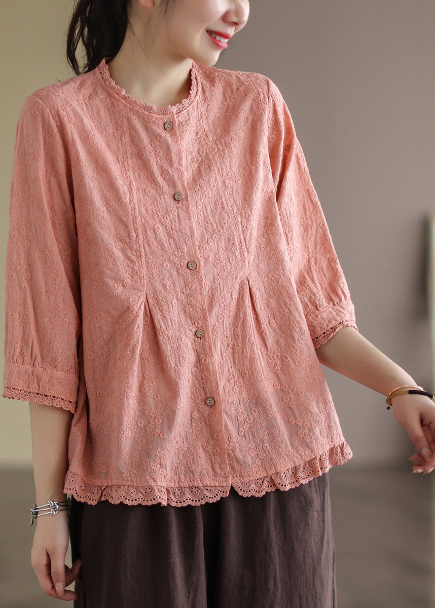 French Purple Embroidered Lace Patchwork Wrinkled Cotton Shirt Tops Bracelet Sleeve