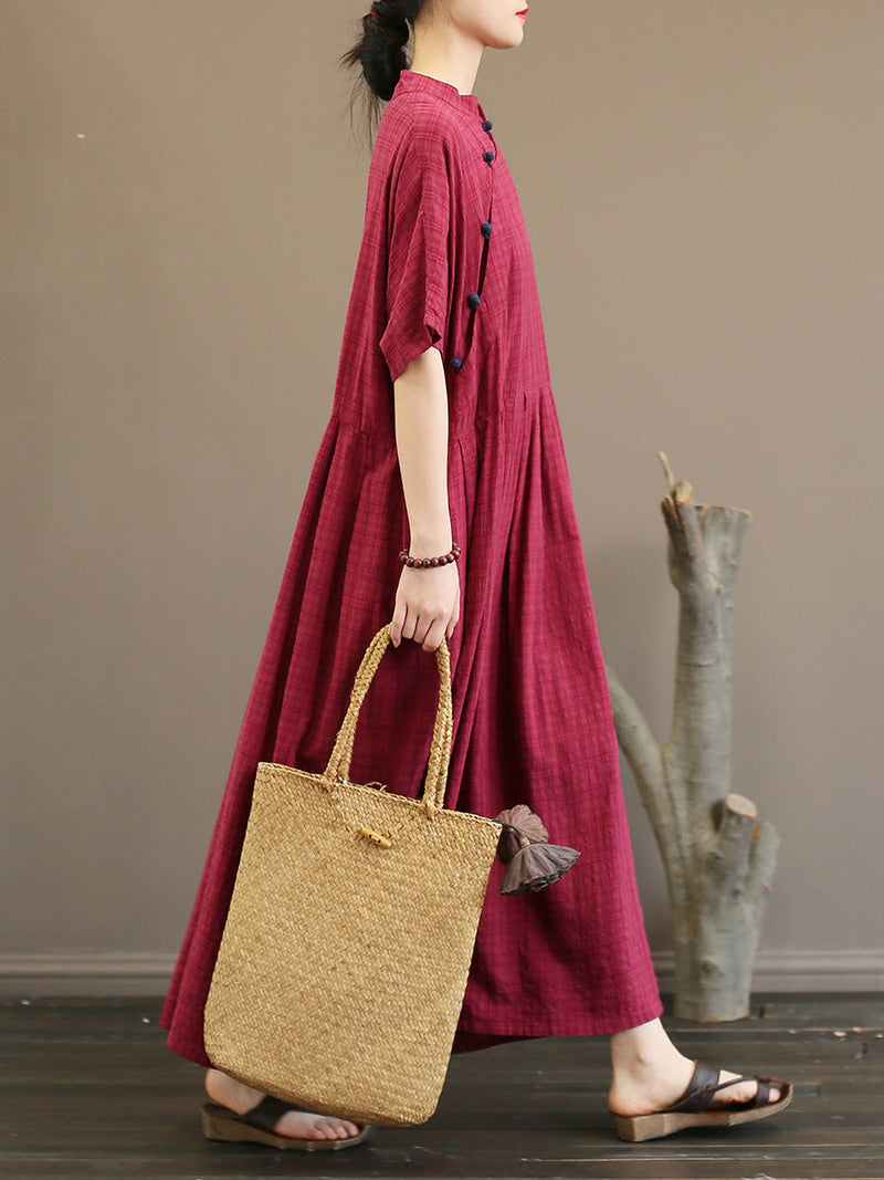 Pleated Plaid Chinese Style Dress