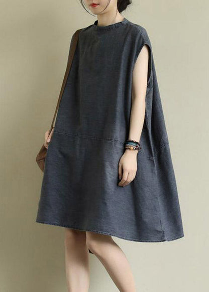 Boutique Grey Stand Collar Patchwork Mid Dress Summer