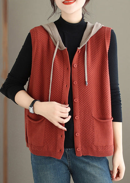 Orange Red Hooded Button Cotton Knit Waistcoat Sleeveless